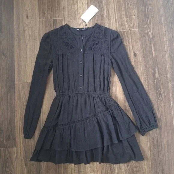 NWT Zara Black Tiered Embroidered Mini Dress Lined 100% Cotton - Picture 1 of 9